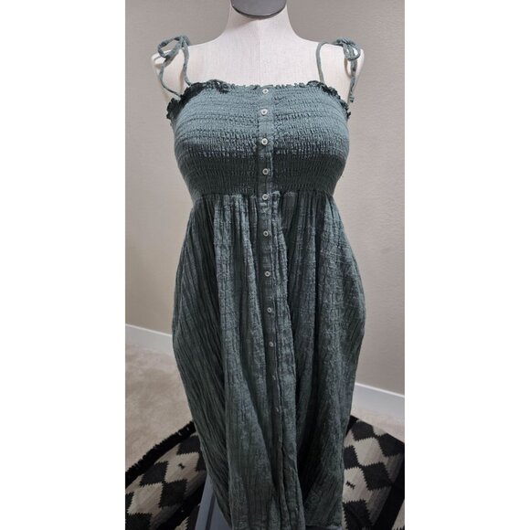 Aerie Green Smocked Midi Dress With Tie Straps & Button Front - Picture 7 of 8